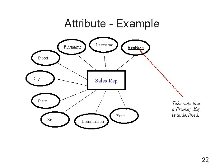 Attribute - Example Firstname Lastname Rep. Num Street City Sales Rep State Zip Rate