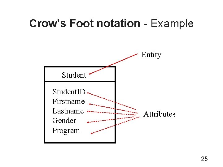 Crow’s Foot notation - Example Entity Student. ID Firstname Lastname Gender Program Attributes 25