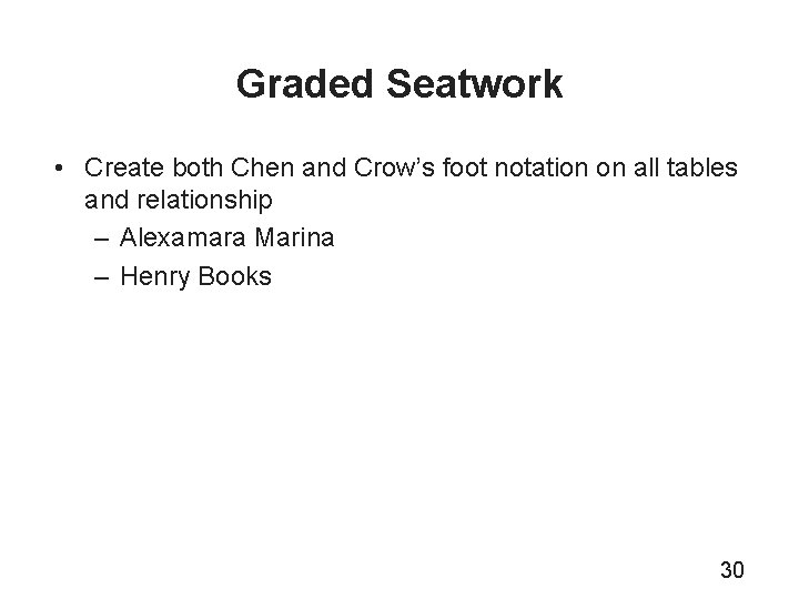 Graded Seatwork • Create both Chen and Crow’s foot notation on all tables and