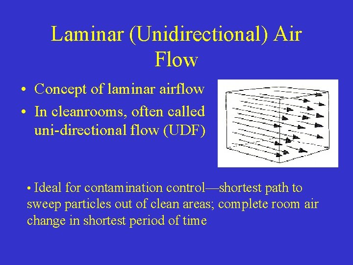 Laminar (Unidirectional) Air Flow • Concept of laminar airflow • In cleanrooms, often called