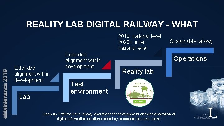 REALITY LAB DIGITAL RAILWAY - WHAT 2019: national level 2020+: international level Extended alignment