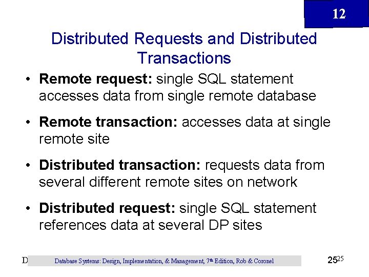 12 Distributed Requests and Distributed Transactions • Remote request: single SQL statement accesses data 12 Distributed Requests and Distributed Transactions • Remote request: single SQL statement accesses data