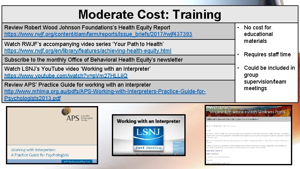 Moderate Cost: Training Review Robert Wood Johnson Foundations’s Health Equity Report https: //www. rwjf.