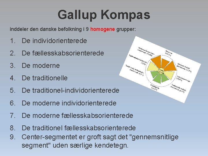Gallup Kompas inddeler den danske befolkning i 9 homogene grupper: 1. De individorienterede 2.