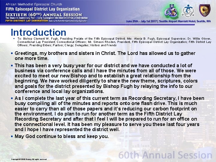 Introduction § To: Bishop Clement W. Fugh, Presiding Prelate of the Fifth Episcopal District;