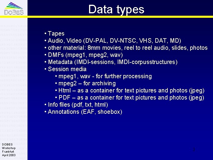 Data types • Tapes • Audio, Video (DV-PAL, DV-NTSC, VHS, DAT, MD) • other