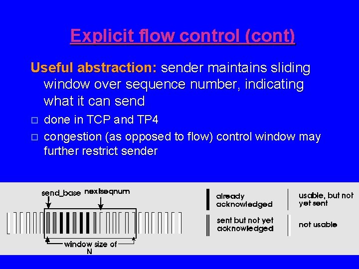 Explicit flow control (cont) Useful abstraction: sender maintains sliding window over sequence number, indicating