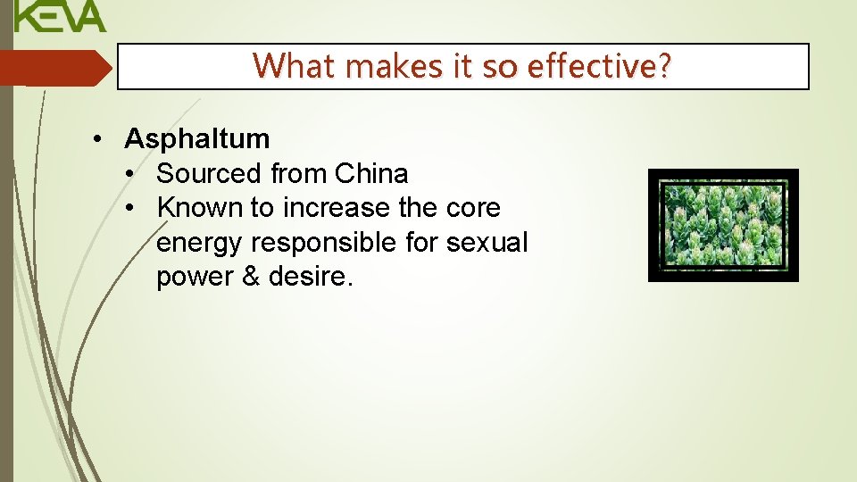 What makes it so effective? • Asphaltum • Sourced from China • Known to