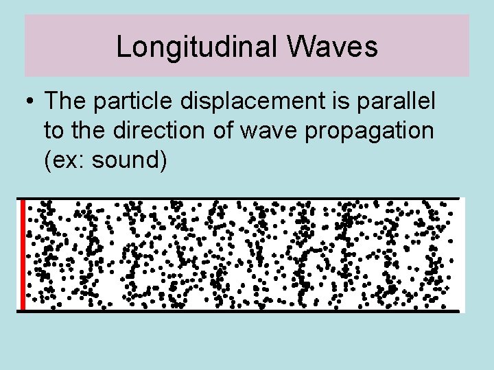 Longitudinal Waves • The particle displacement is parallel to the direction of wave propagation