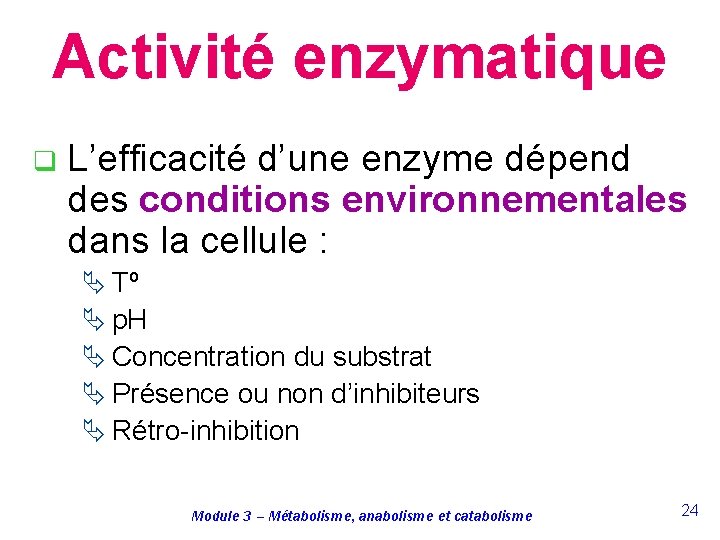 Activité enzymatique q L’efficacité d’une enzyme dépend des conditions environnementales dans la cellule :