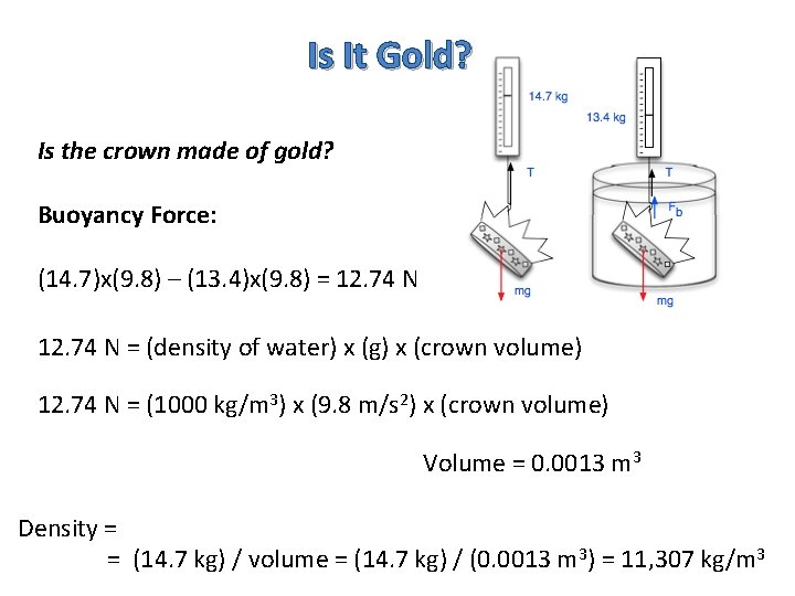 Is It Gold? Is the crown made of gold? Buoyancy Force: (14. 7)x(9. 8)