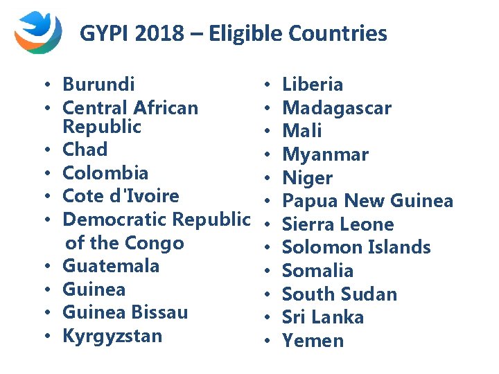 GYPI 2018 – Eligible Countries • Burundi • Central African Republic • Chad •