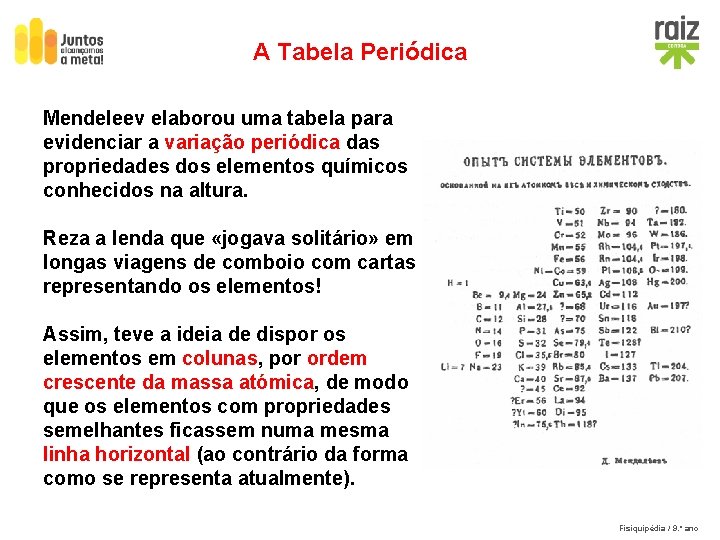 A Tabela Periódica Mendeleev elaborou uma tabela para evidenciar a variação periódica das propriedades