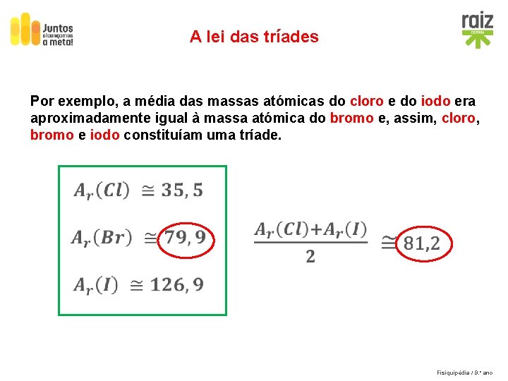 A lei das tríades Por exemplo, a média das massas atómicas do cloro e