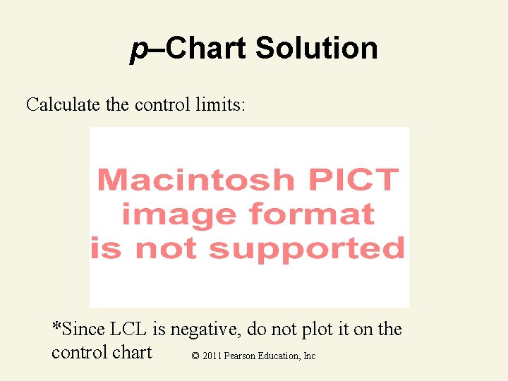p–Chart Solution Calculate the control limits: *Since LCL is negative, do not plot it