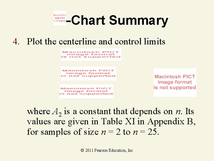 –Chart Summary 4. Plot the centerline and control limits where A 2 is a