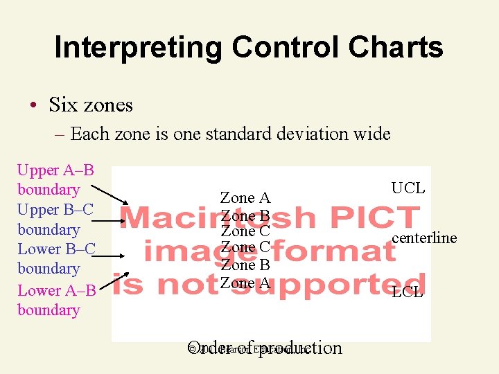 Interpreting Control Charts • Six zones – Each zone is one standard deviation wide