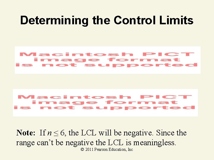 Determining the Control Limits Note: If n ≤ 6, the LCL will be negative.