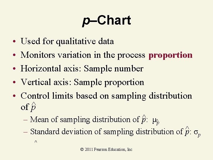 p–Chart • • • Used for qualitative data Monitors variation in the process proportion