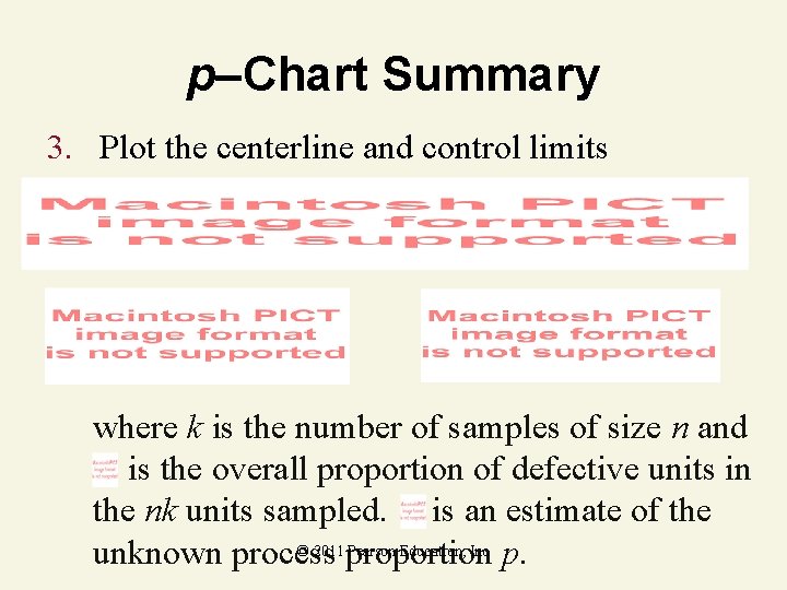 p–Chart Summary 3. Plot the centerline and control limits where k is the number