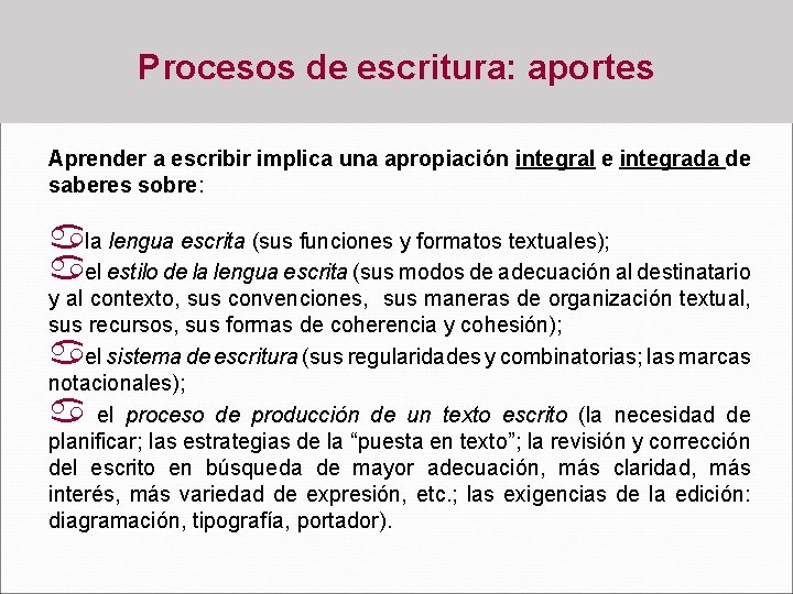 Procesos de escritura: aportes Aprender a escribir implica una apropiación integral e integrada de