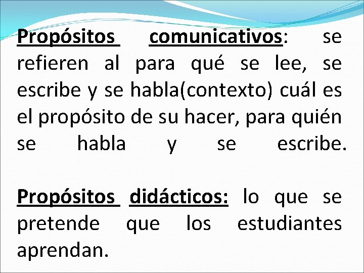 Propósitos comunicativos: se refieren al para qué se lee, se escribe y se habla(contexto)