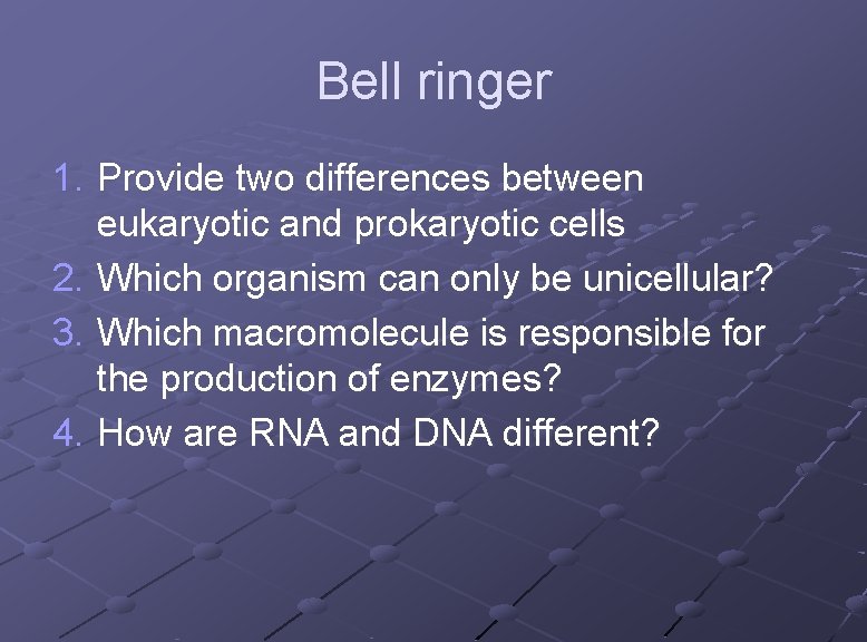 Bell ringer 1. Provide two differences between eukaryotic and prokaryotic cells 2. Which organism