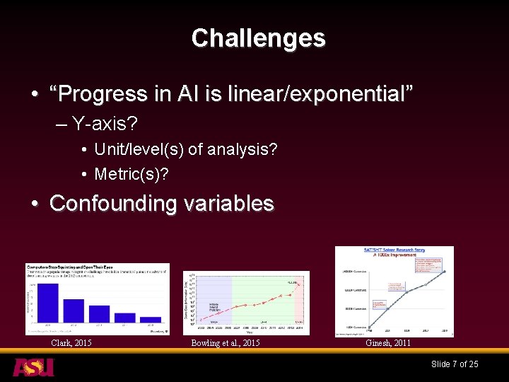 Challenges • “Progress in AI is linear/exponential” – Y-axis? • Unit/level(s) of analysis? •
