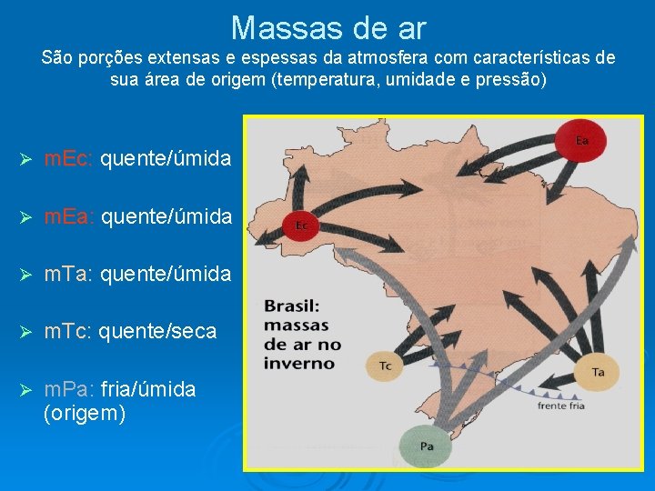 Massas de ar São porções extensas e espessas da atmosfera com características de sua