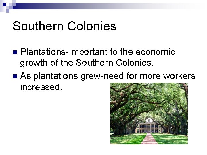 Southern Colonies Plantations-Important to the economic growth of the Southern Colonies. n As plantations