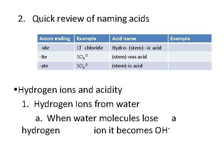 2. Quick review of naming acids Anion ending Example Acid name -ide Cl- chloride