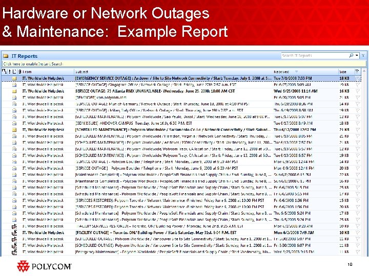 Hardware or Network Outages & Maintenance: Example Report 10 