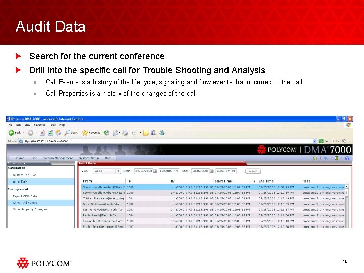 Audit Data Search for the current conference Drill into the specific call for Trouble