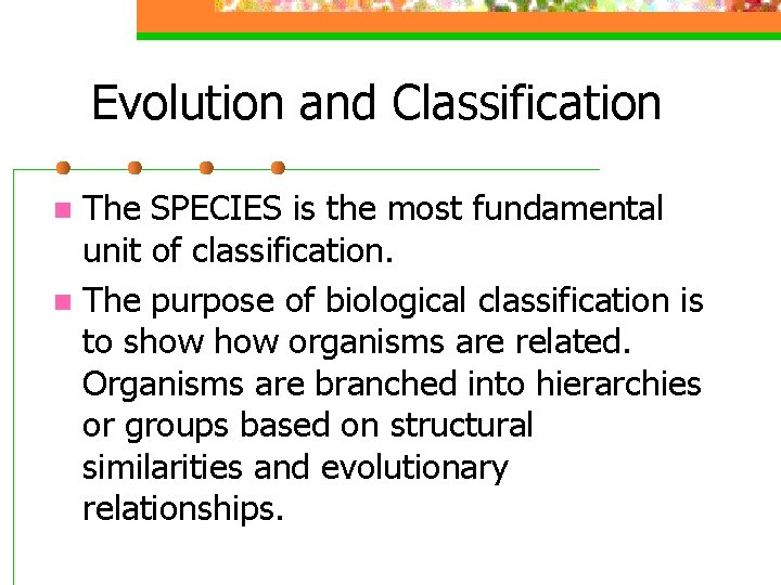 Evolution and Classification The SPECIES is the most fundamental unit of classification. n The