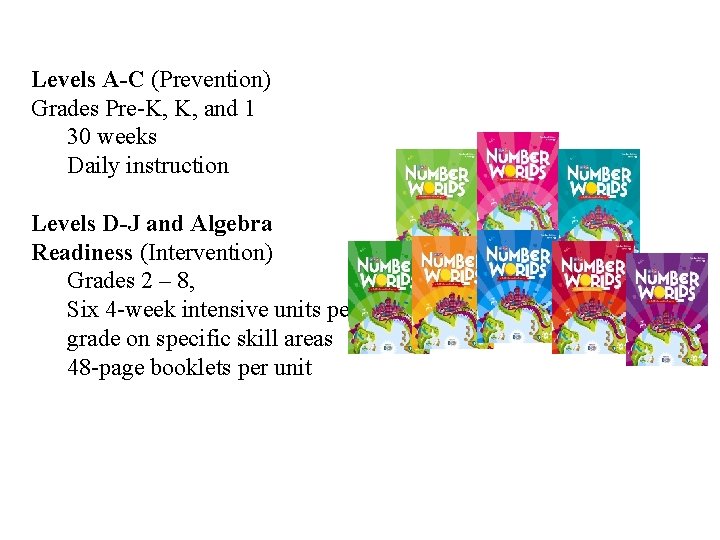 Levels A-C (Prevention) Grades Pre-K, K, and 1 30 weeks Daily instruction Levels D-J