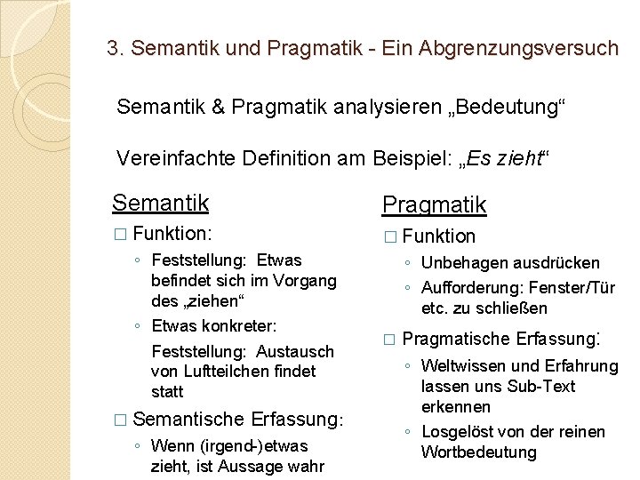 3. Semantik und Pragmatik - Ein Abgrenzungsversuch Semantik & Pragmatik analysieren „Bedeutung“ Vereinfachte Definition