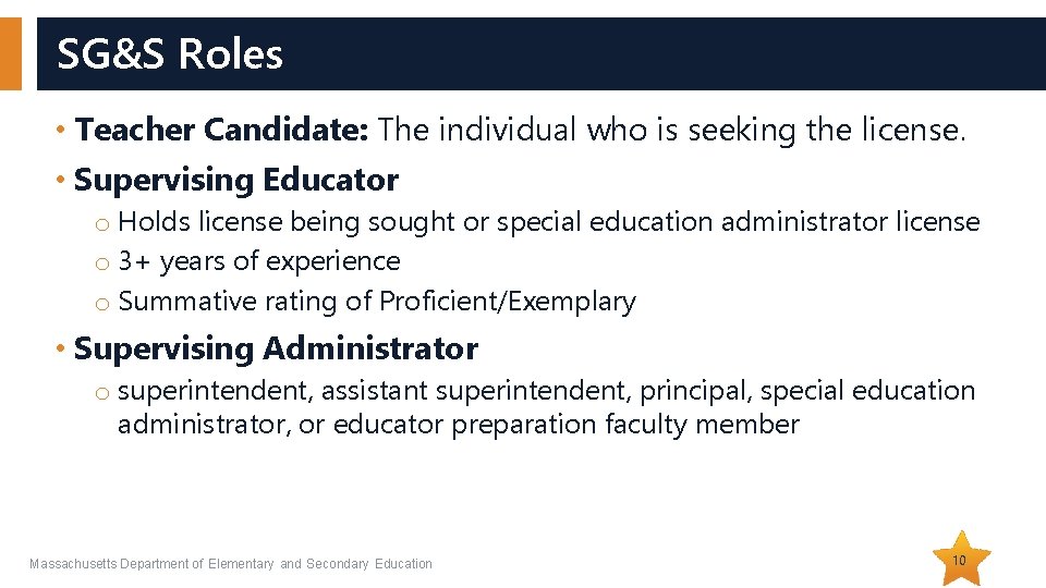 SG&S Roles • Teacher Candidate: The individual who is seeking the license. • Supervising