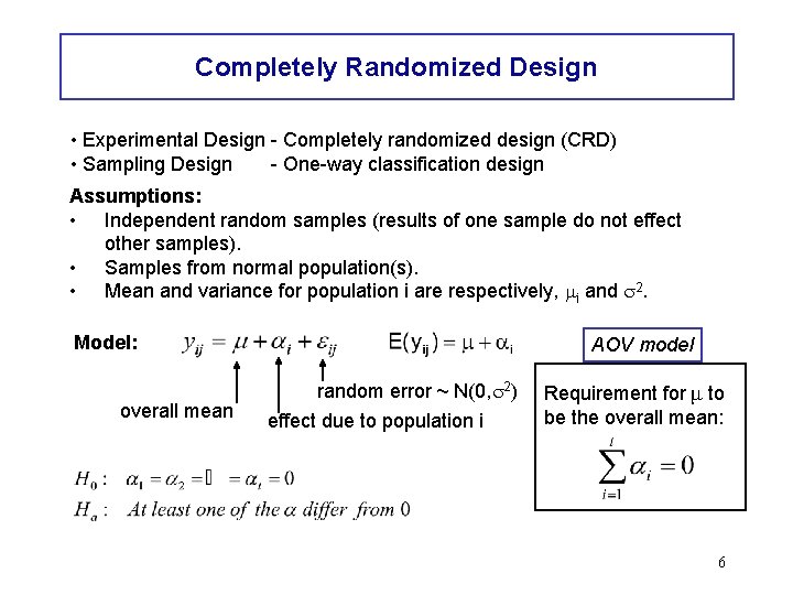 Completely Randomized Design • Experimental Design - Completely randomized design (CRD) • Sampling Design