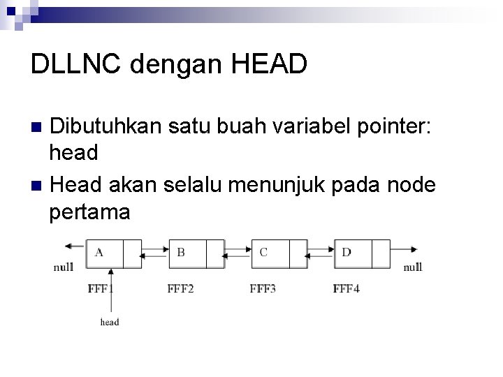 DLLNC dengan HEAD Dibutuhkan satu buah variabel pointer: head n Head akan selalu menunjuk