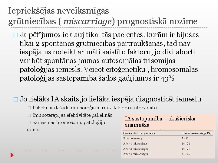 Iepriekšējas neveiksmīgas grūtniecības ( miscarriage) prognostiskā nozīme � Ja pētījumos iekļauj tikai tās pacientes,