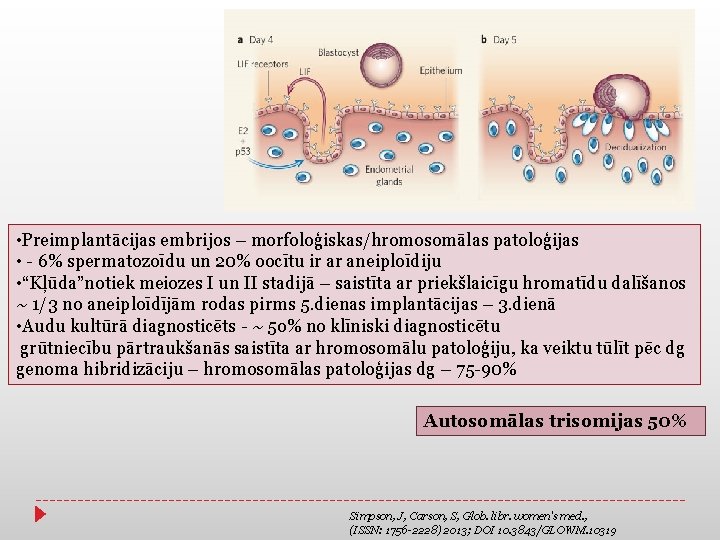  • Preimplantācijas embrijos – morfoloģiskas/hromosomālas patoloģijas • - 6% spermatozoīdu un 20% oocītu