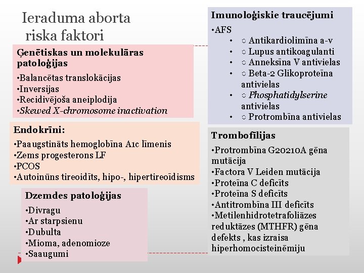 Ieraduma aborta riska faktori Ģenētiskas un molekulāras patoloģijas • Balancētas translokācijas • Inversijas •