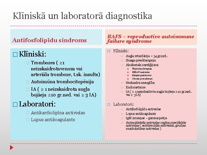 Klīniskā un laboratorā diagnostika Antifosfolipīdu sindroms � Klīniski: RAFS – reproductive autoimmune failure syndrome