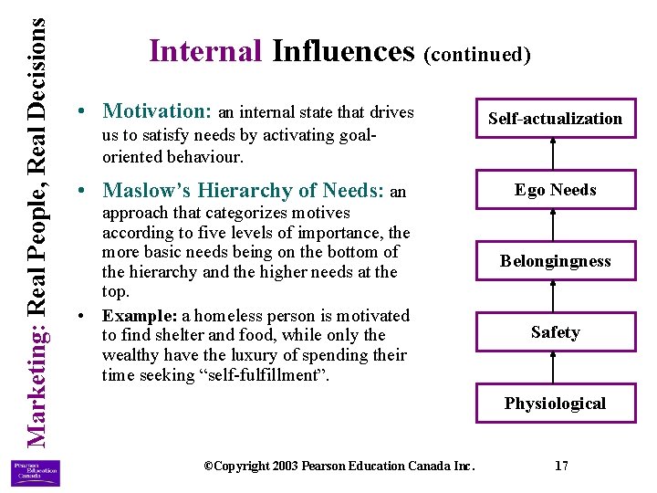 Marketing: Real People, Real Decisions Internal Influences (continued) • Motivation: an internal state that