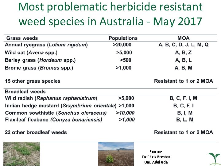 Most problematic herbicide resistant weed species in Australia - May 2017 Source Dr Chris