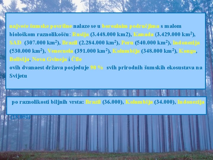  najveće šumske površine nalaze se u borealnim područjima s malom biološkom raznolikošću: Rusija