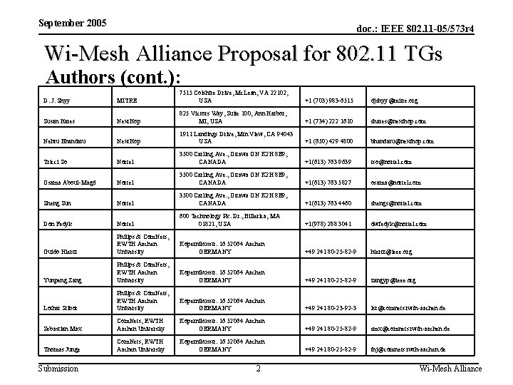 September 2005 doc. : IEEE 802. 11 -05/573 r 4 Wi-Mesh Alliance Proposal for
