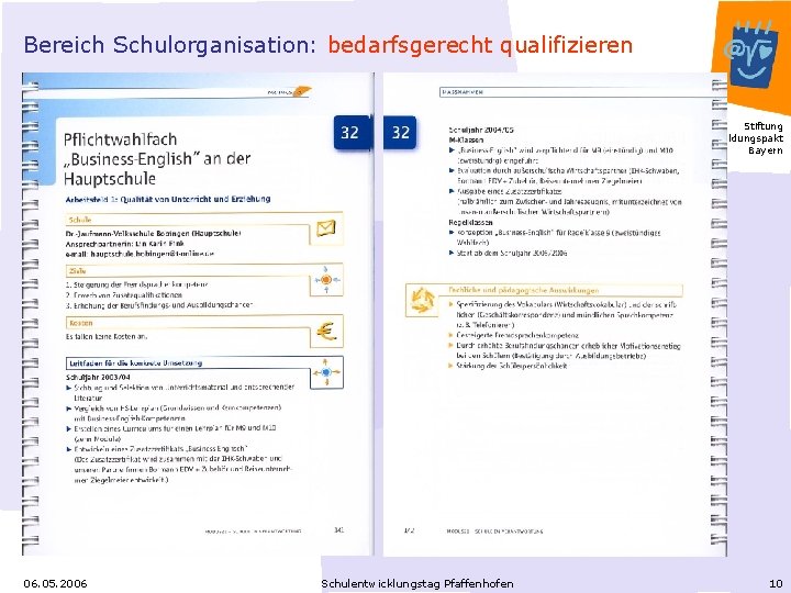 Bereich Schulorganisation: bedarfsgerecht qualifizieren Stiftung Bildungspakt Bayern 06. 05. 2006 Schulentwicklungstag Pfaffenhofen 10 