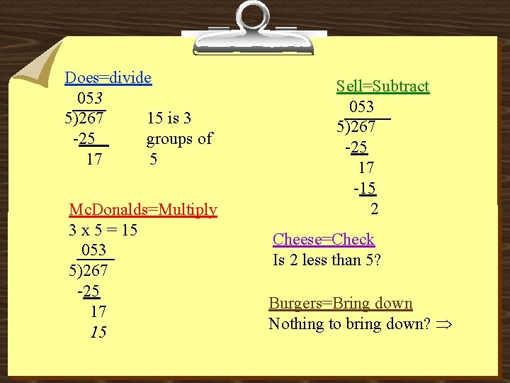 Does=divide 053 5)267 15 is 3 -25 groups of 17 5 Mc. Donalds=Multiply 3