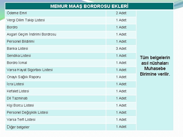 MEMUR MAAŞ BORDROSU EKLERİ Ödeme Emri 2 Adet Vergi Dilim Takip Listesi 1 Adet